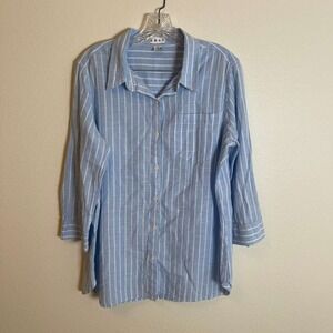 Dash Womens Blue White Striped 100% Cotton Button Down 3/4 Sleeve Shirt Large